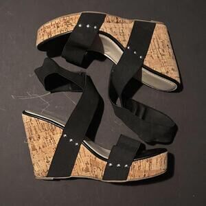 Black Elastic Strap Cork Wedge Sandals